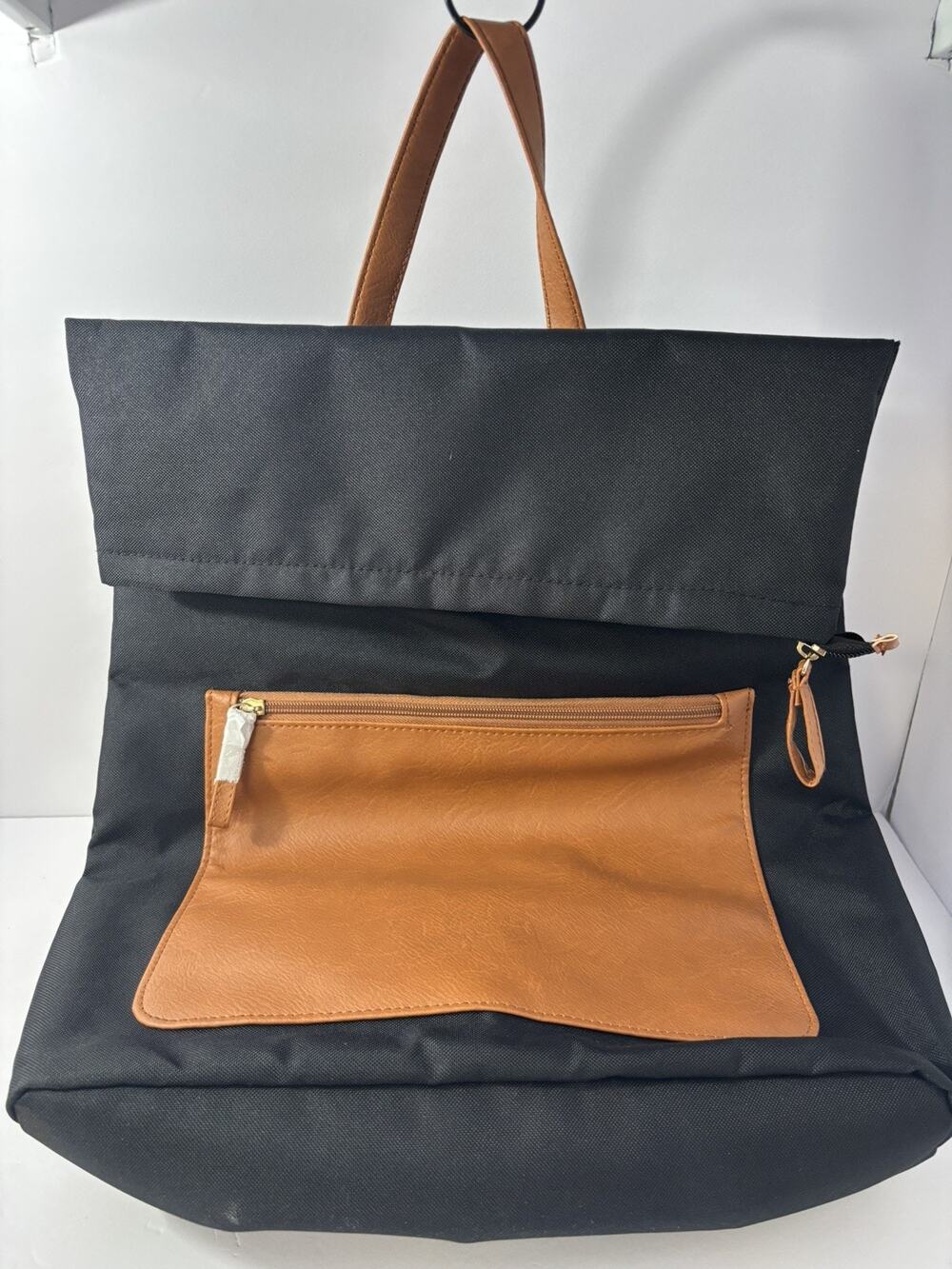 DSW Black Canvas Tote Bag Brown Faux Leather Trim Zip Pocket Shoulder Bag